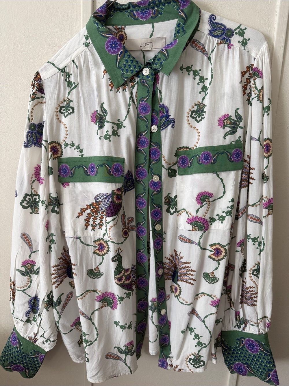 LOFT White Button-Up Blouse with Green Trim and Multicolor Peacock Print